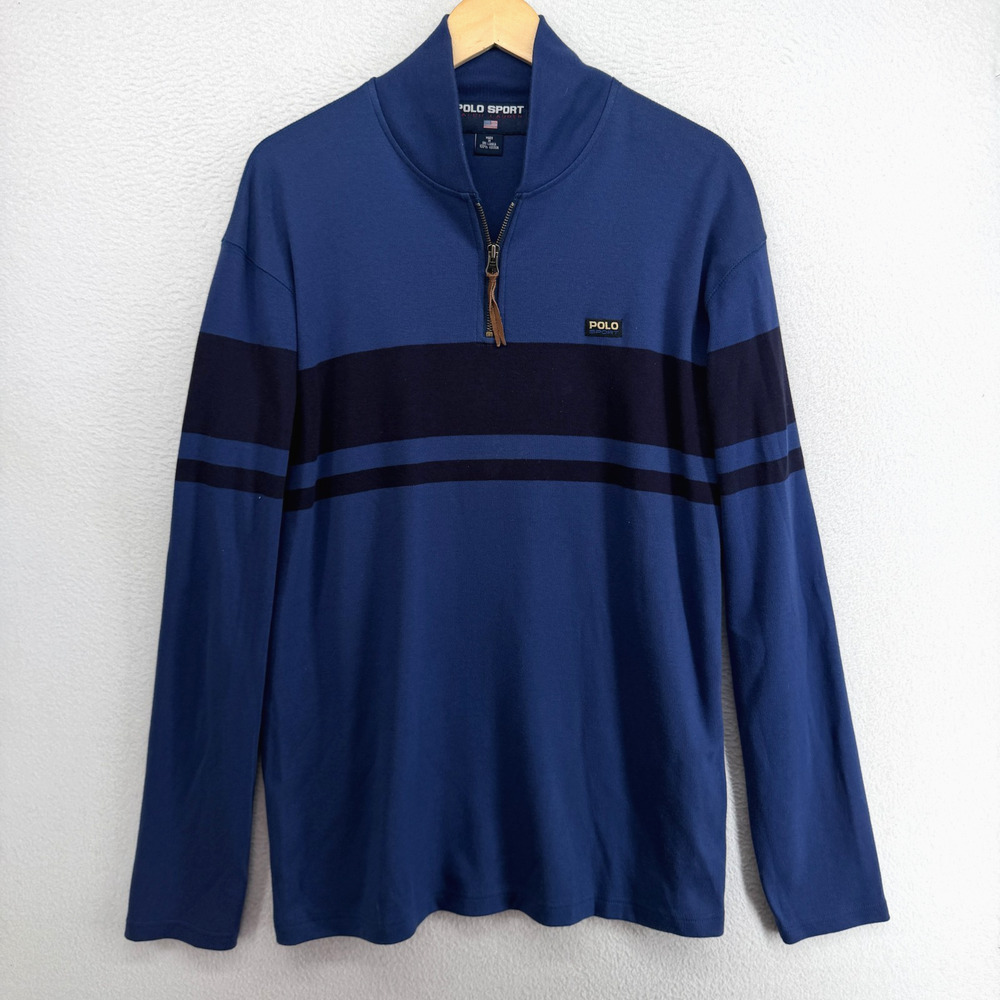 POLO SPORT Sweatshirt L RALPH LAUREN Rubgy Striped 1/4 Zip Pullover Cotton Blue